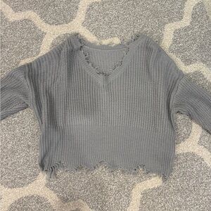 Gray Frayed Hem Knit Sweater
